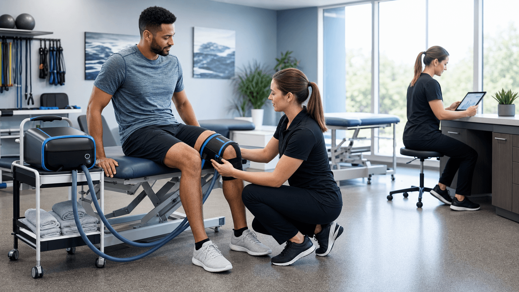 Athlete icing a knee with a white portable cold therapy unit and hose in a bright clinical room, cool blue accents.