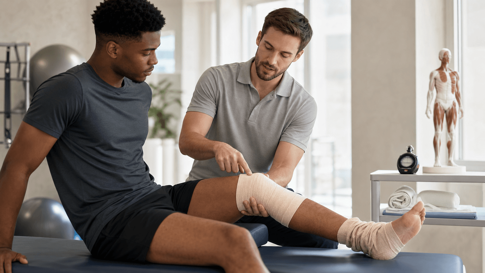 Athlete sitting on a treatment table with a bright blue compression sleeve on their knee in a well-lit rehab clinic.