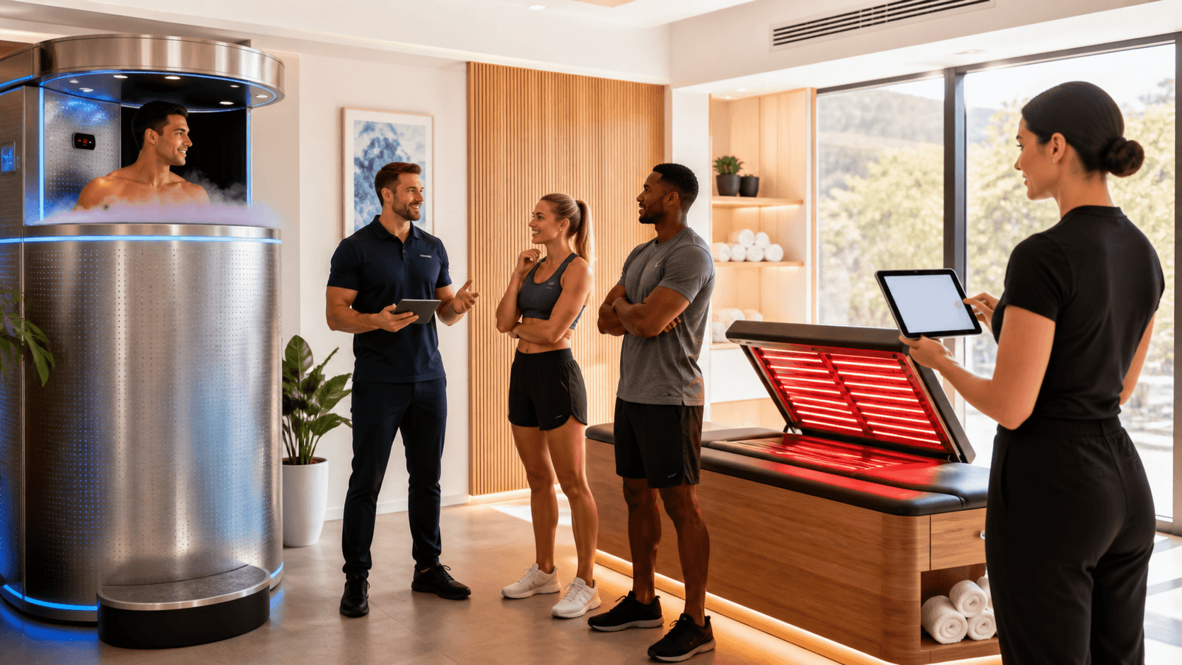 Modern recovery room with ice bath and sauna, blue-orange lighting, sleek tiles, towels, and benches