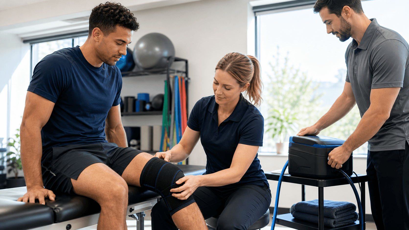 Athlete’s lower leg wrapped in blue compression bandage on a clinic table, with hands adjusting it in soft light