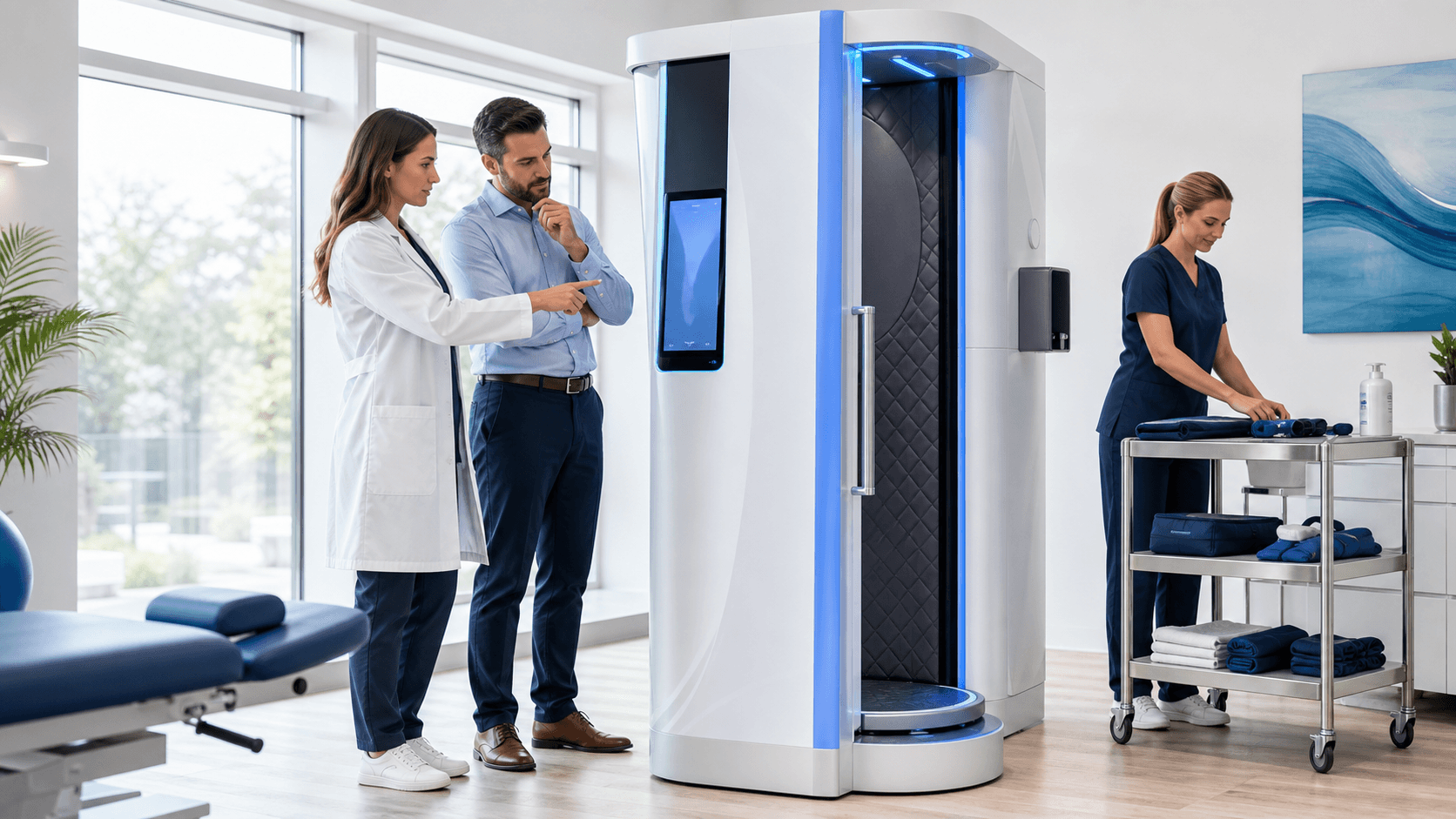 Clinician in white coat beside a sleek blue cryotherapy chamber in a bright, modern clinic room.