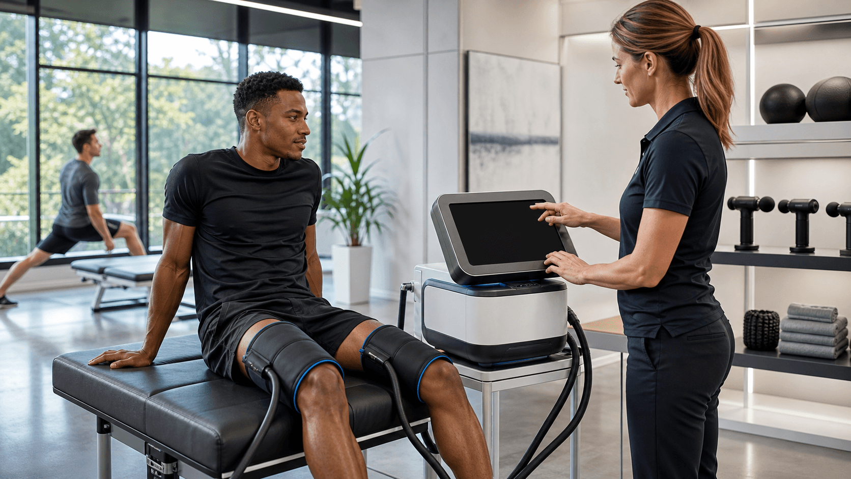 Athlete on a training table wearing a blue cooling wrap, with sleek therapy device controls glowing in cool light.