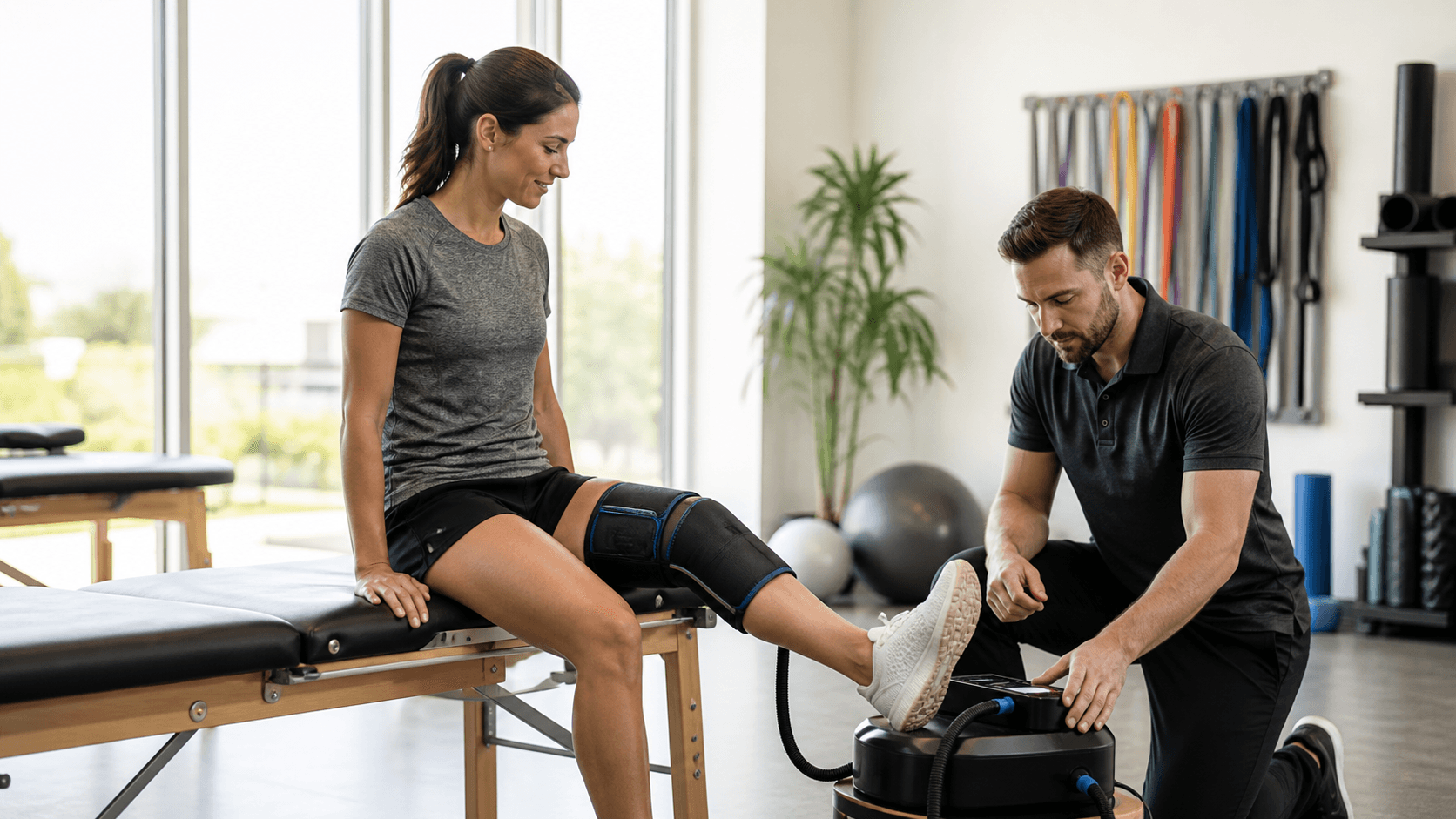 Athlete in a bright clinic applies an ice pack to a wrapped knee while seated on a treatment table.
