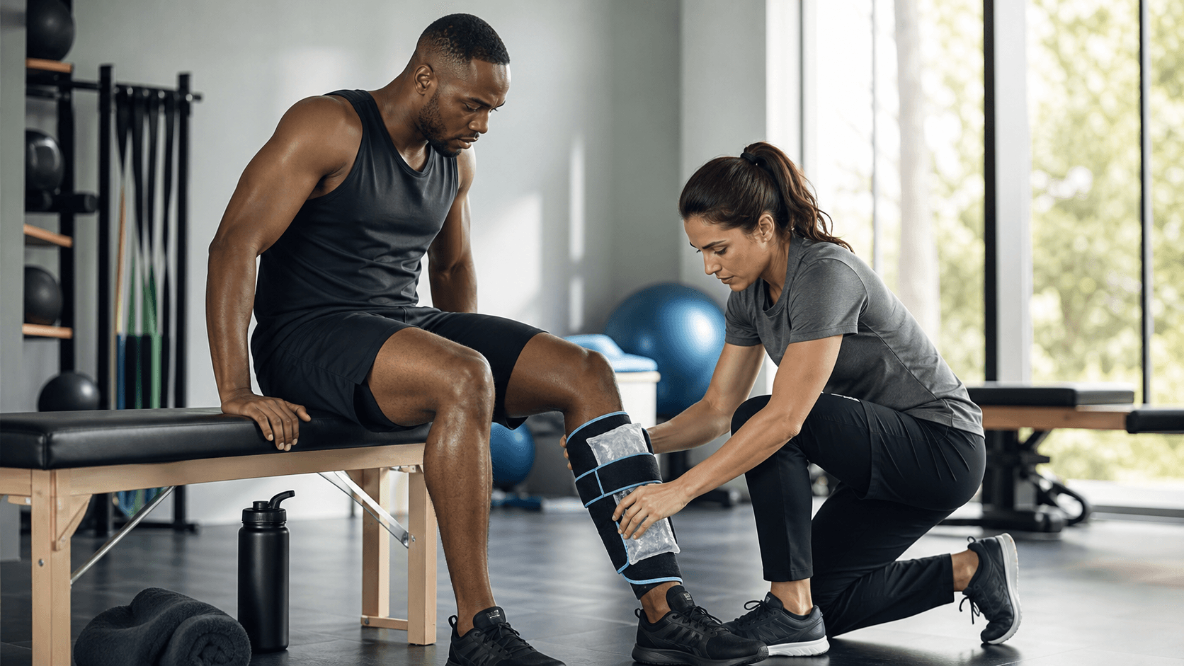 Athlete seated on a bench with an ice pack wrapped around a strained calf in a bright training room.