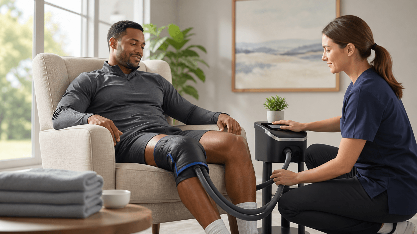 White-and-blue cooling therapy machine beside a reclining patient in a bright, modern home setting