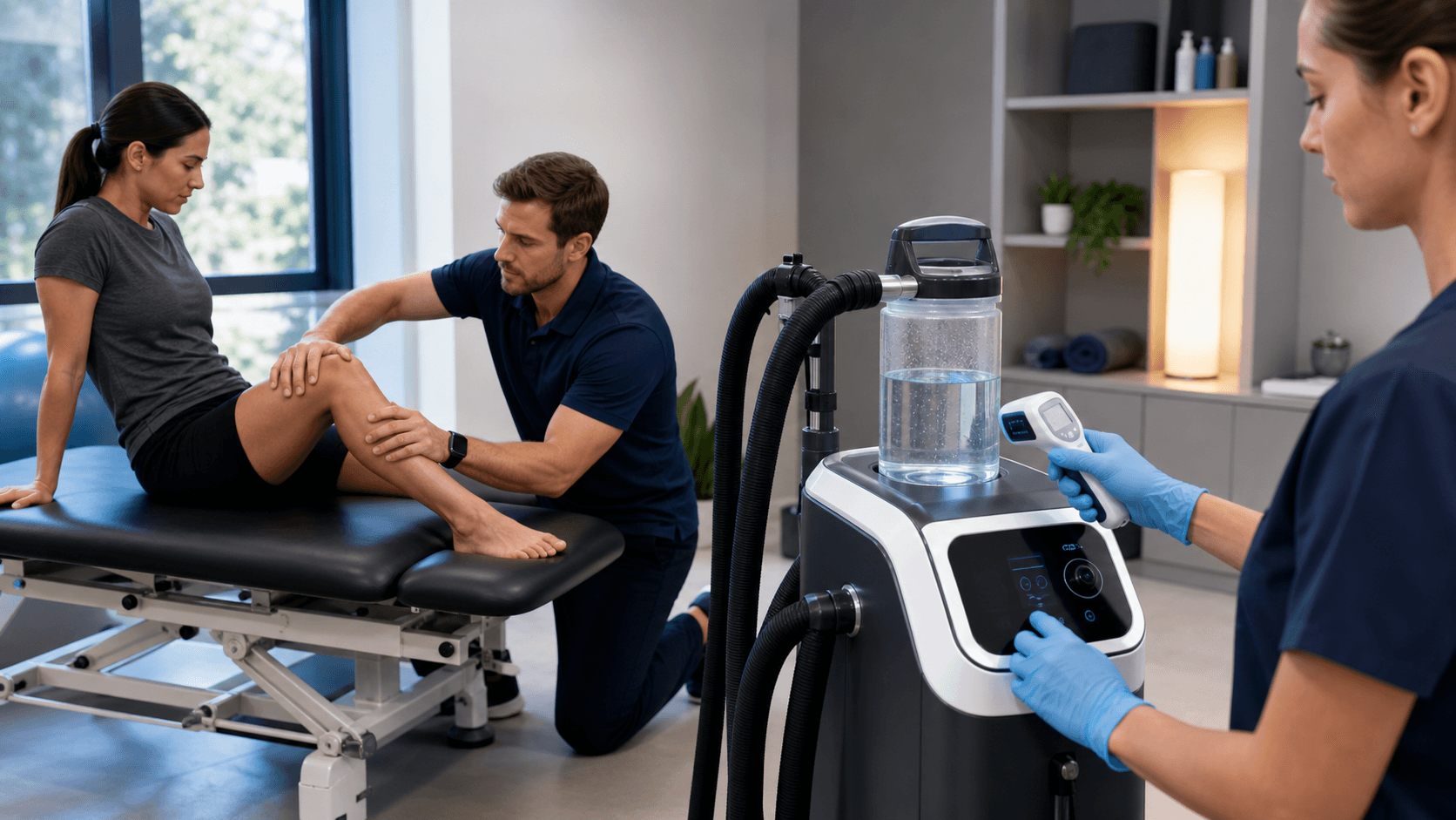Frosty blue cryotherapy machine beside a treatment table in a bright clinic, mist swirling under cool lighting.